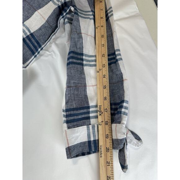 Liz Claiborne 3/4 Sleeve Tunic Blouse Top M Linen Cotton Blend Blue White Plaid - Picture 14 of 15